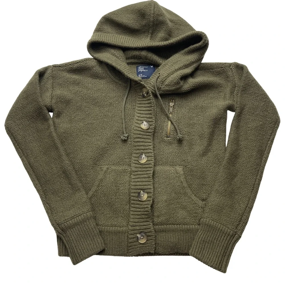 Y2K American Eagle‎ Wool Cardigan Sweater Jacket Medium Knit Hood Green Hipster